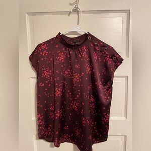 Ann Taylor Floral Satin Mock Neck Blouse - Size MP
